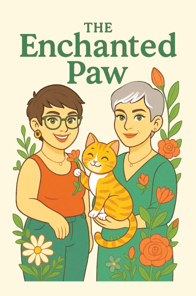 Main site image of two ladies and an orange cat with flowers.